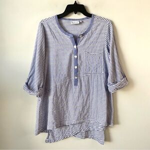 Habitat Striped Gauzy Henley Asymmetrical Top Blue‎ S Lagenlook